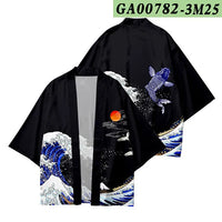 Black Kimono Jacket with Great Wave and Koi Fish Print