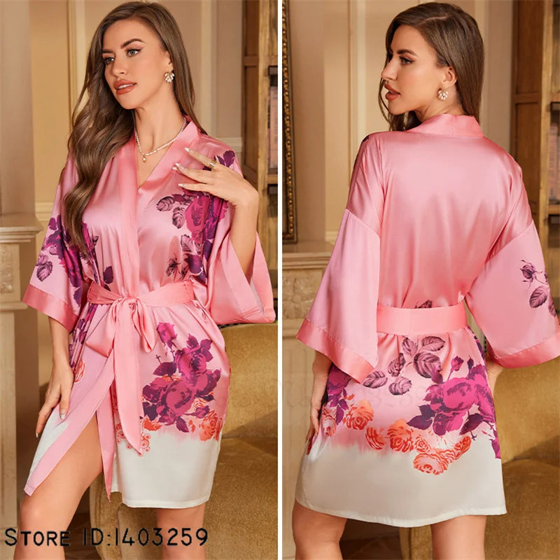 Pink Satin Kimono Robe with Ombre Floral Print