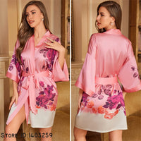 Pink Satin Kimono Robe with Ombre Floral Print