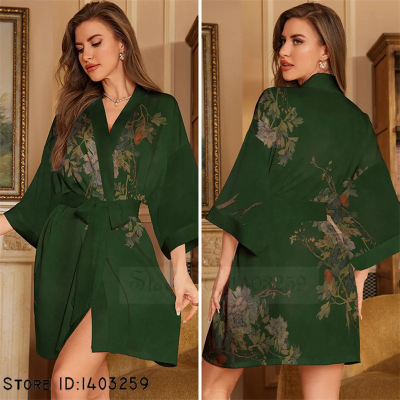 Short Dark Green Botanical Print Kimono Robe