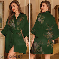 Short Dark Green Botanical Print Kimono Robe