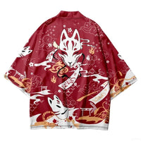 Red Japanese Kitsune Fox Mask Kimono Cardigan