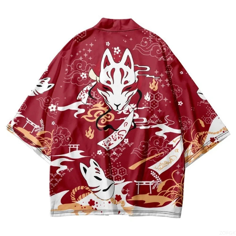 Red Japanese Kitsune Fox Mask Kimono Cardigan