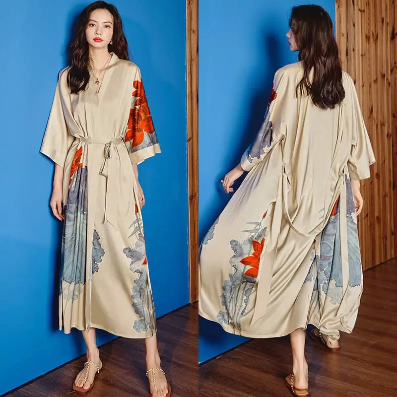 Beige Floral Print Kimono Maxi Dress