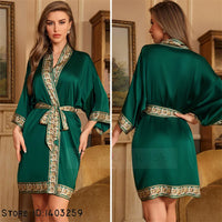 Women's Emerald Green Satin Kimono Robe with Gold Trim