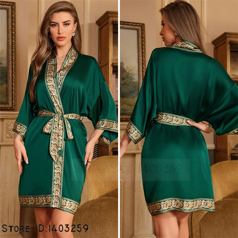 Women's Emerald Green Satin Kimono Robe with Gold Trim