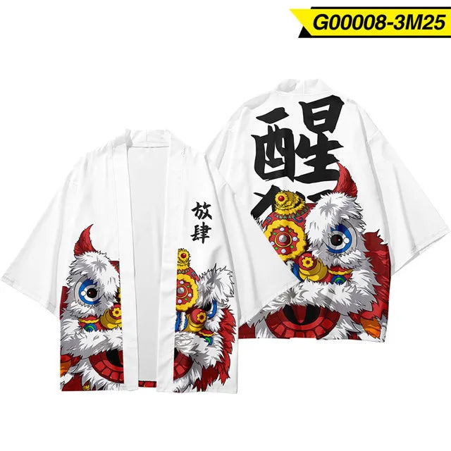 White Kimono Jacket with Chinese Lion Print