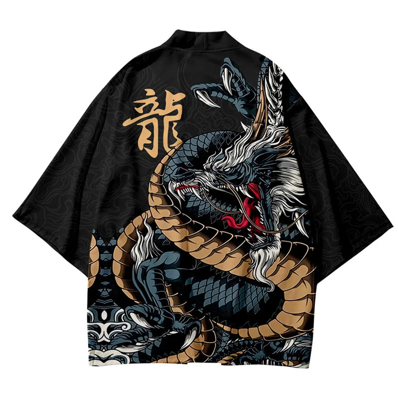 Black Kimono Cardigan with Great Wave and Dragon