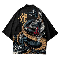 Unisex Black Kimono Cardigan with Crane and Cloud Print