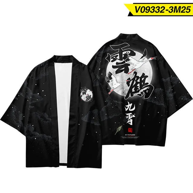 Japanese Black Kimono Jacket with Moon & Cranes