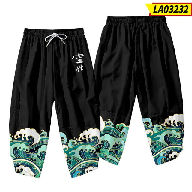 Black Japanese Wave Print Cropped Pants
