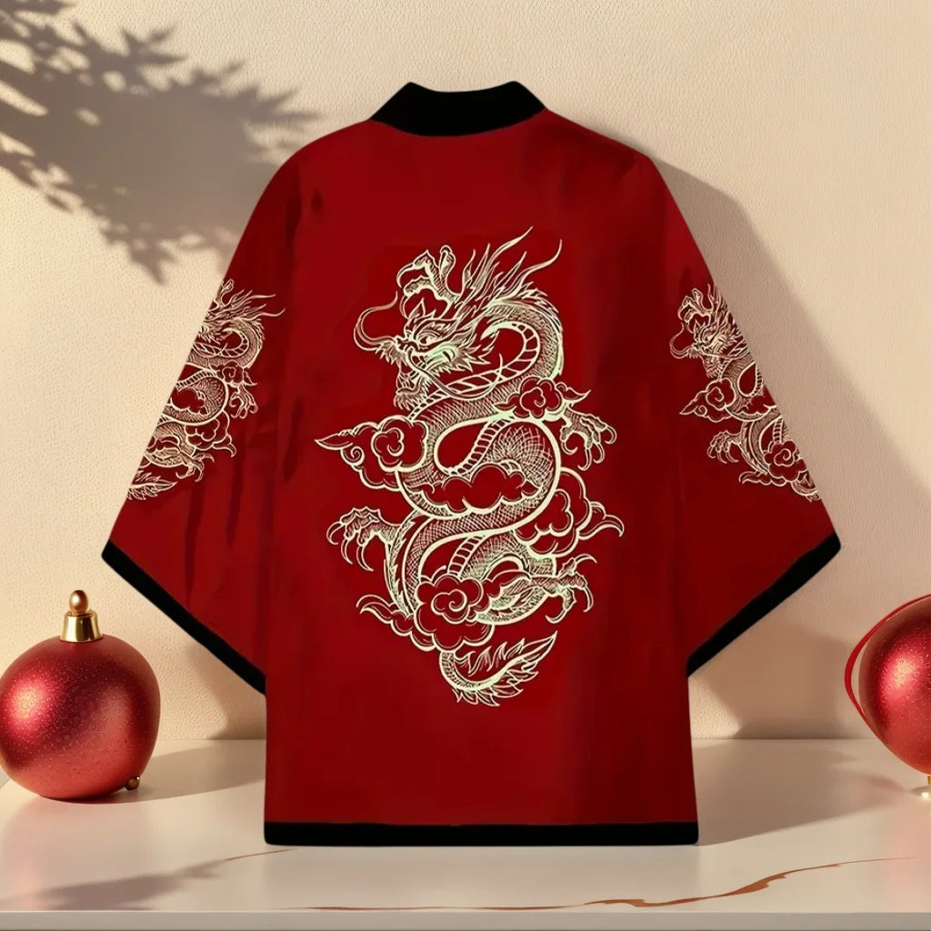Deep Red Golden Dragon Kimono Cardigan