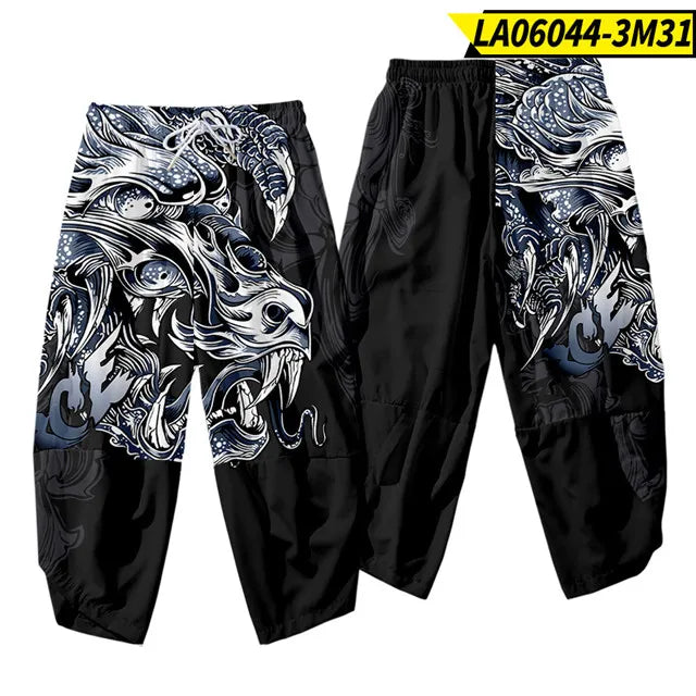 Black Dragon Graphic Cropped Baggy Pants