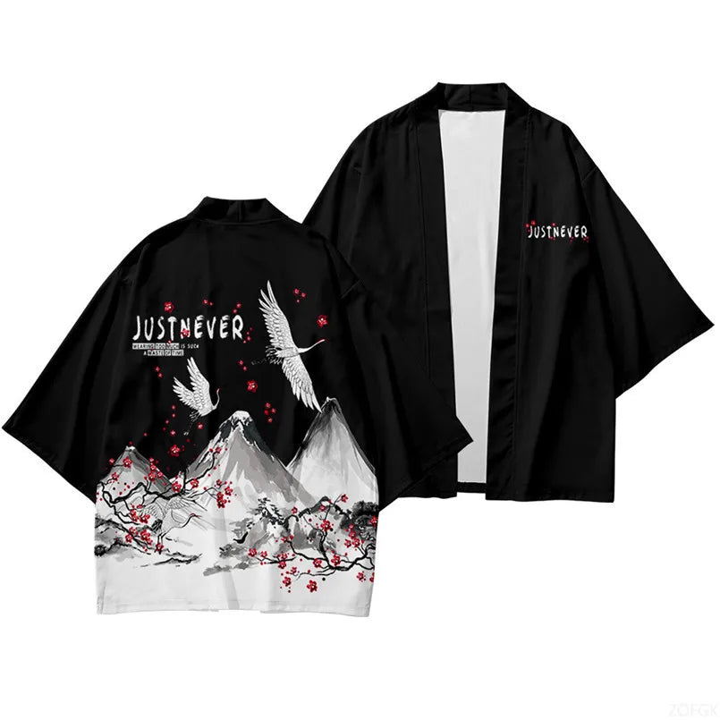 Oversized Black Kimono Jacket with Crane & Sakura