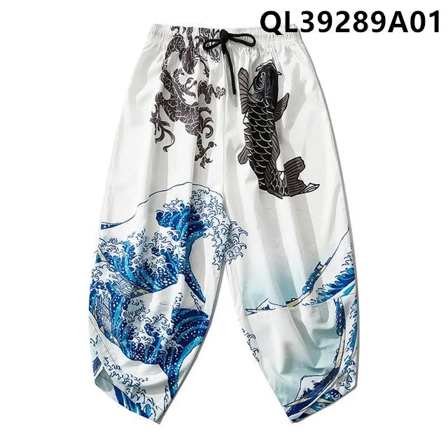 White Japanese Dragon Koi Wave Print Wide Leg Pants