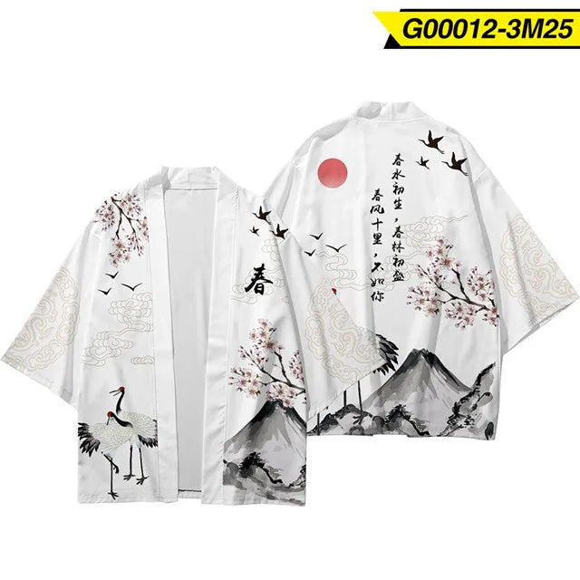 White Japanese Ink Haori with Cranes & Cherry Blossoms