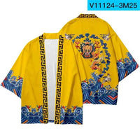 Yellow Kimono Cardigan with Dragon, Waves & Key Trim