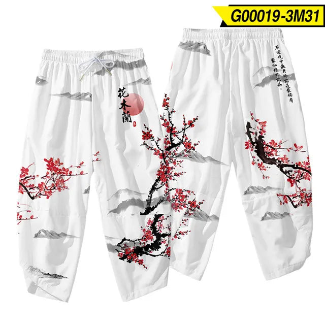 White Ink Wash Cherry Blossom Loose Pants