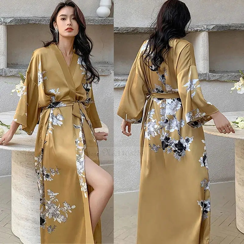Women's Mustard Yellow Floral Satin Kimono Robe