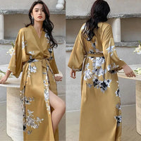 Women's Mustard Yellow Floral Satin Kimono Robe